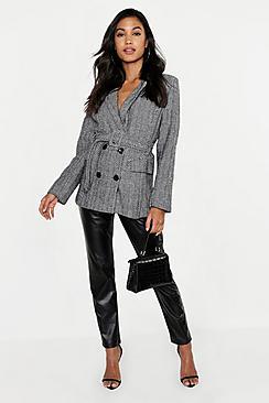 Boohoo Herringbone Covered Buckle Tailored Wool Look Coat