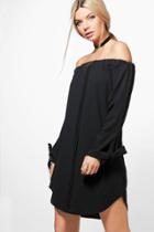 Boohoo Amelie Off Shoulder Tie Sleeve Shift Dress Black