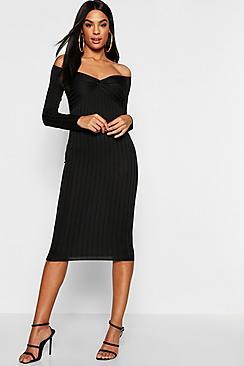 Boohoo Tall Ribbed Off The Shoulder Twist Midi Dress
