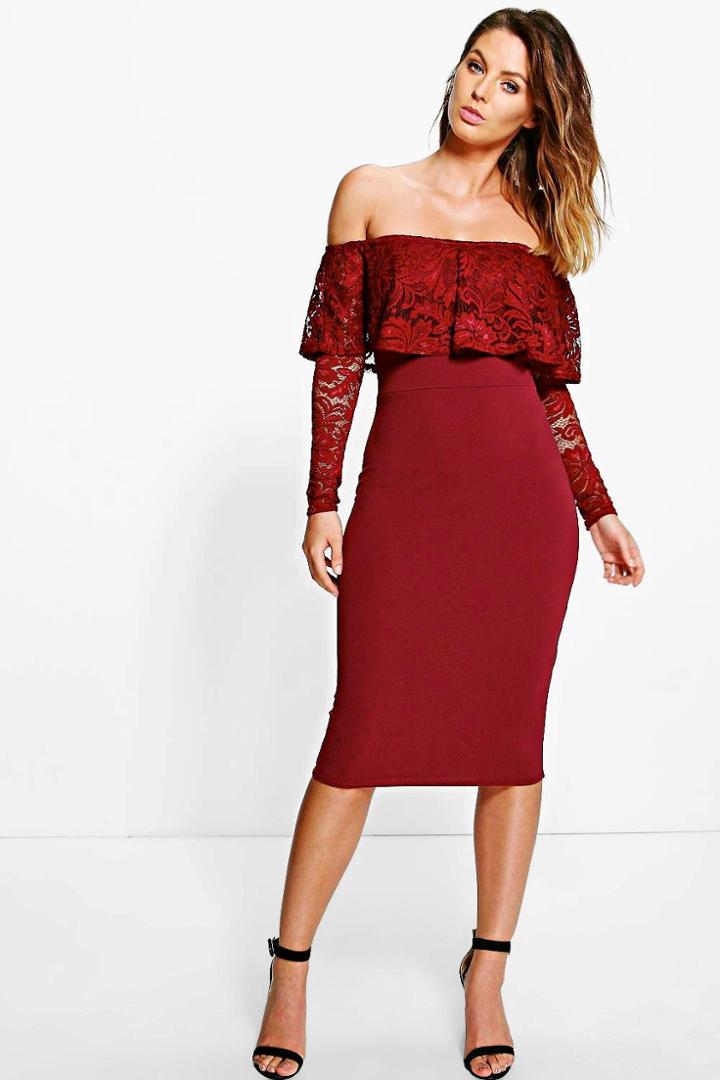 Boohoo Di Lace Off Shoulder Midi Bodycon Dress Berry