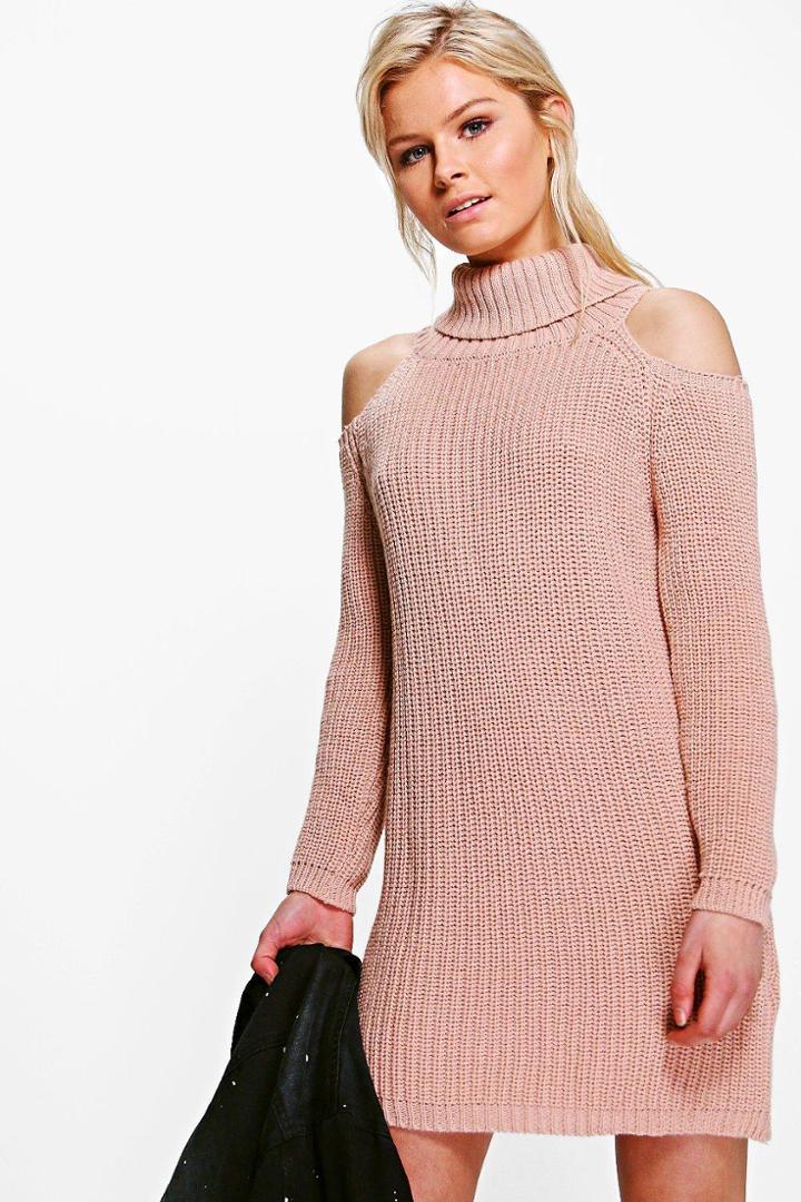 Boohoo Anna Roll Neck Cold Shoulder Jumper Dress Blush