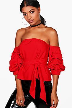 Boohoo Samantha Tie Waist Ruched Sleeve Bardot Top