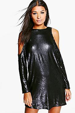 Boohoo Hana Sequin Cold Shoulder Open Back Shift Dress