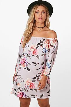Boohoo Plus Maya Off The Shoulder Printed Shift Dress