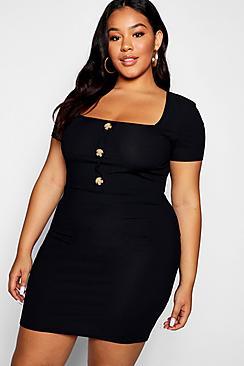 Boohoo Plus Square Neck Ribbed Bodycon Dress