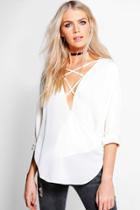 Boohoo Evie Lace Up Wrap Over Blouse White