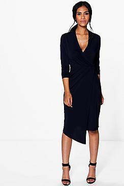 Boohoo Alicia Long Sleeve Wrap Front Midi Dress