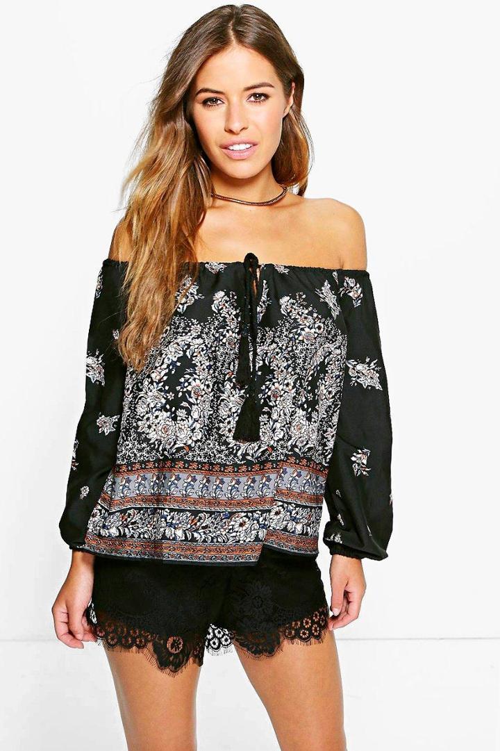 Boohoo Petite Macy Woven Off The Shoulder Printed Top Black