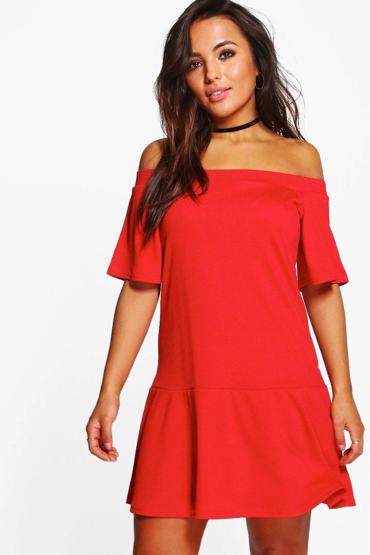 Boohoo Petite Georgette Drop Hem Off The Shoulder Dress Red