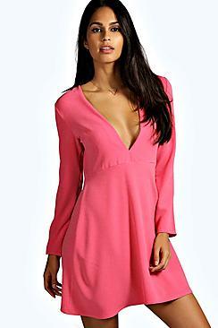 Boohoo Simona Plunge Woven Skater Dress
