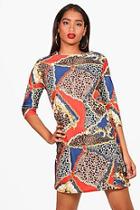Boohoo Claire Leopard Print Mix 3/4 Sleeve Shift Dress