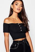 Boohoo Petite Mock Horn Contrast Button Bardot Crop Top