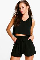 Boohoo Lola V Neck Top + Tie Short Co-ord Black