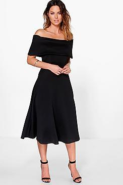 Boohoo Off Shoulder Oversized Midi Skater Dress