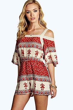 Boohoo Bridget Open Shoulder Border Print Playsuit