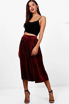 Boohoo Talia Pleated Velvet Midi Skater Skirt