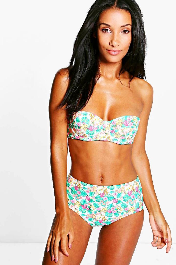 Boohoo Vienna Tropical Flower High Waist Bikini Multi