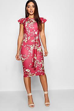 Boohoo Floral Print Frill Belted Midi Dress