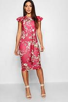 Boohoo Floral Print Frill Belted Midi Dress