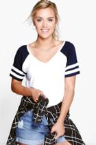 Boohoo Plus Oriana V Neck Striped Sleeve Top Navy