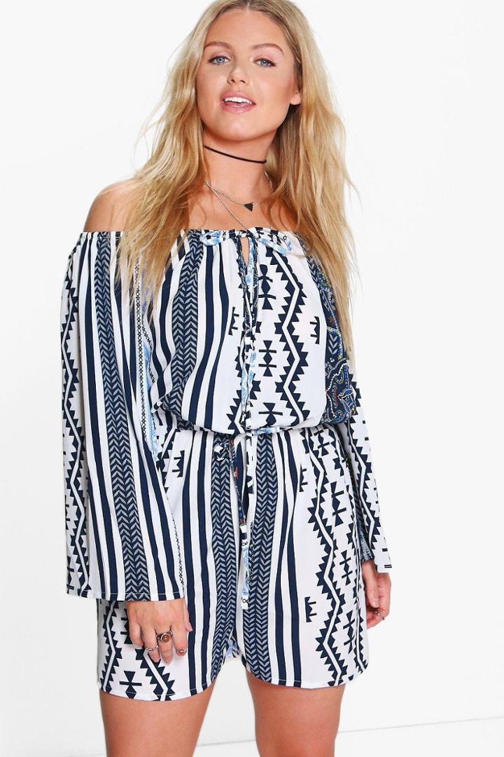 Boohoo Plus Louise Printed Off The Shoulder Playsuit Multi