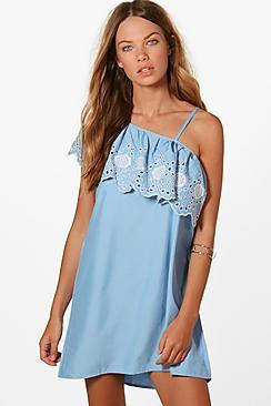 Boohoo Lianne One Shoulder Embroidered Shift Dress