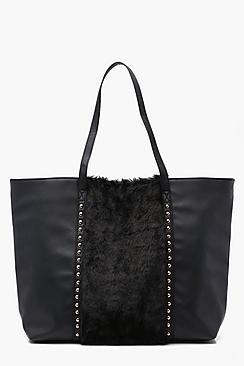 Boohoo Kara Fur Panel Studded Shopper Bag