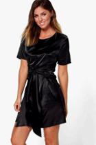 Boohoo Orlagh Oversized Tie Waist Satin Shift Dress Black