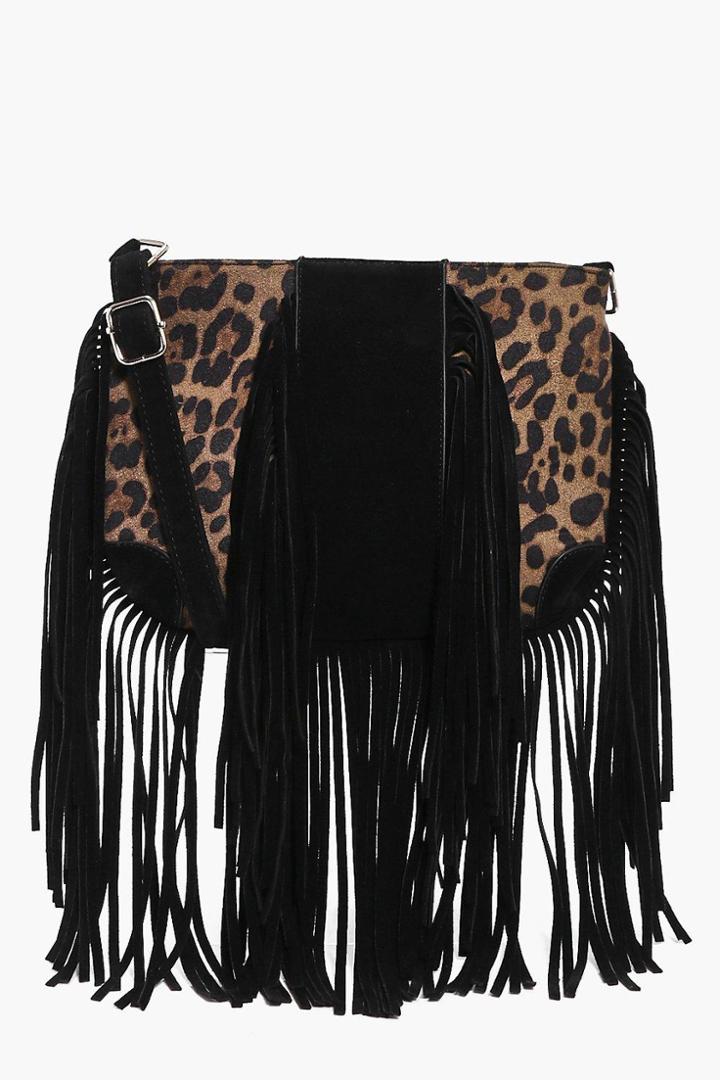 Boohoo Abbie Faux Leopard Fringed Cross Body Bag Black