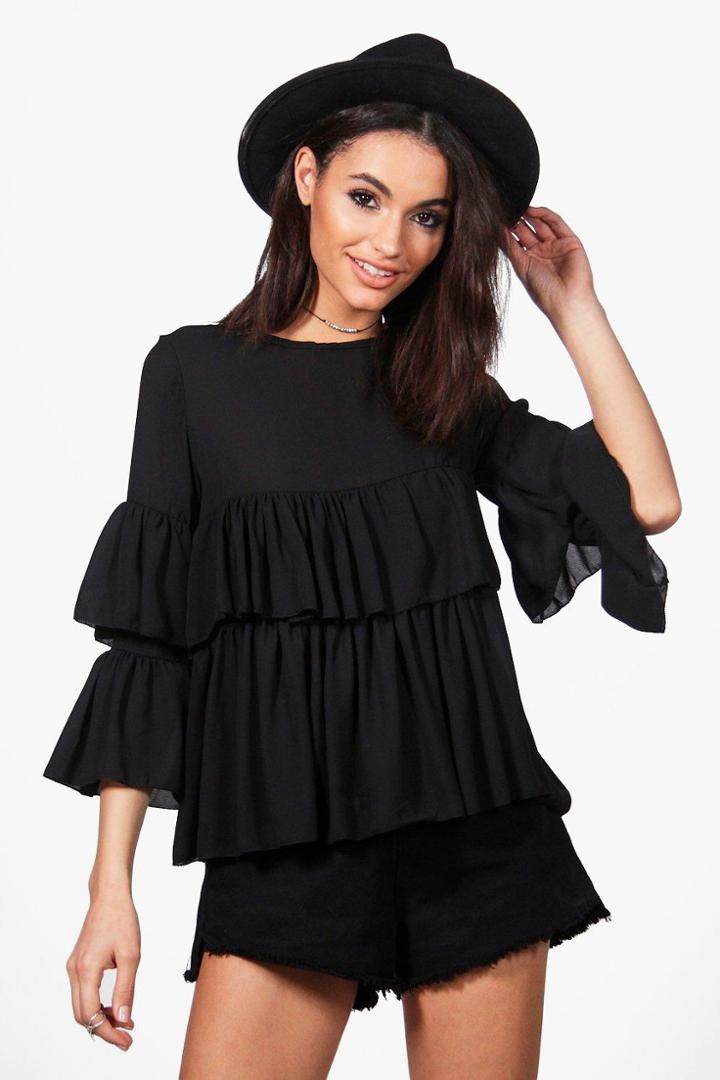 Boohoo Ella Ruffle Tiered Blouse Black