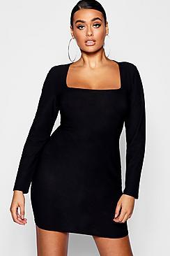 Boohoo Plus Square Neck Long Sleeve Bodycon Dress