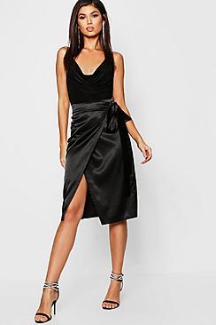 Boohoo Satin Wrap Midi Skirt