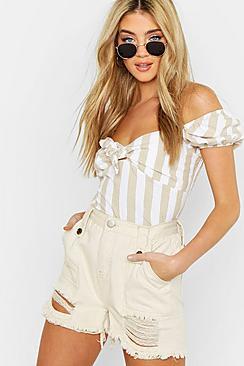 Boohoo Linen Puff Sleeve Tie Front Top