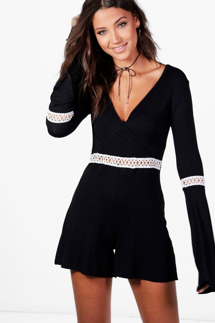 Boohoo Tall Ariah Crochet Trim Playsuit Black