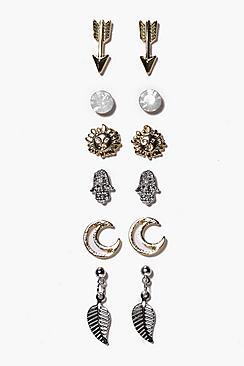 Boohoo Isla Arrow And Moon Mixed Stud Earring Set