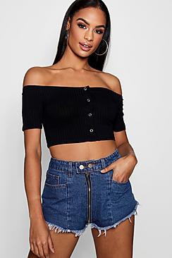 Boohoo Grace Popper Off The Shoulder Crop
