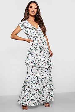 Boohoo Petite Violet Floral Ruffle Detail Woven Maxi Dress