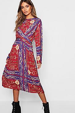 Boohoo Knot Front Chain Print Midi Dress