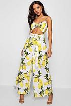 Boohoo Lemon Print Tie Front Jumpsuit