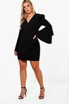Boohoo Plus Beth Plunge Neck Flare Sleeve Wrap Dress