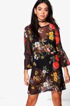 Boohoo Joslyn Mesh Dark Floral Frill Shift Dress Multi