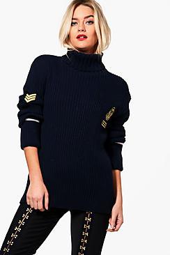 Boohoo Maxinne Military Badge Roll Neck Jumper