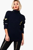 Boohoo Maxinne Military Badge Roll Neck Jumper