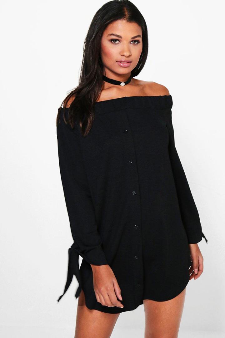Boohoo Bea Off Shoulder Button Through Shift Dress Black