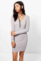 Boohoo Karlie Ribbed V Neck Mini Bodycon Dress Grey