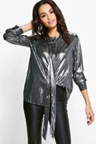 Boohoo Hollie Metallic Tie Neck Woven Shirt Silver