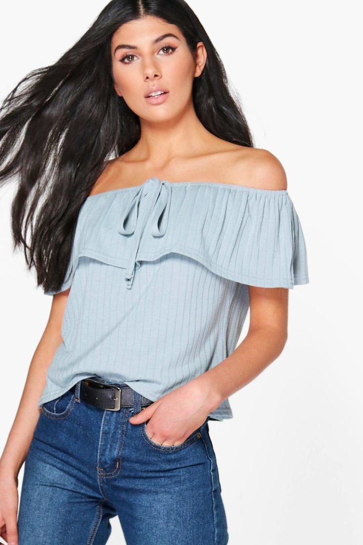 Boohoo Harriet Off The Shoulder Top Blue