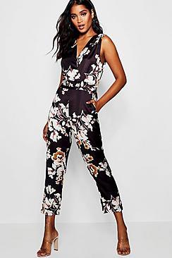 Boohoo Floral Satin Wrap Jumpsuit
