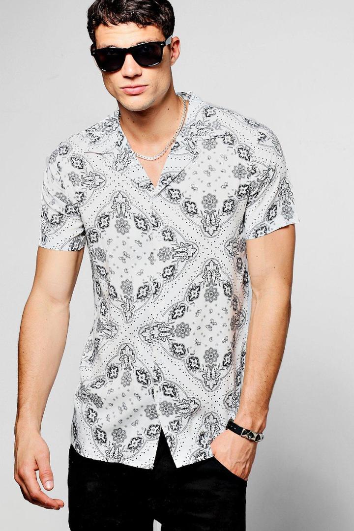Boohoo White Mandala Print Short Sleeve Revere Shirt White