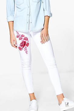 Boohoo Wendy High Waist Embroidered Skinny Jeans
